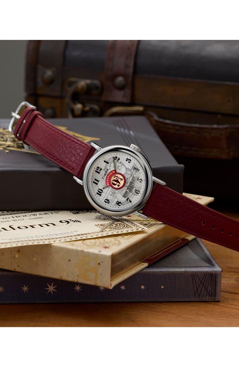 Timex<sup>®</sup> Harry Potter x Timex Weekender Platform 9 3/4 37mm Leather Strap Watch, Alternate, color, White/ Silver-Tone