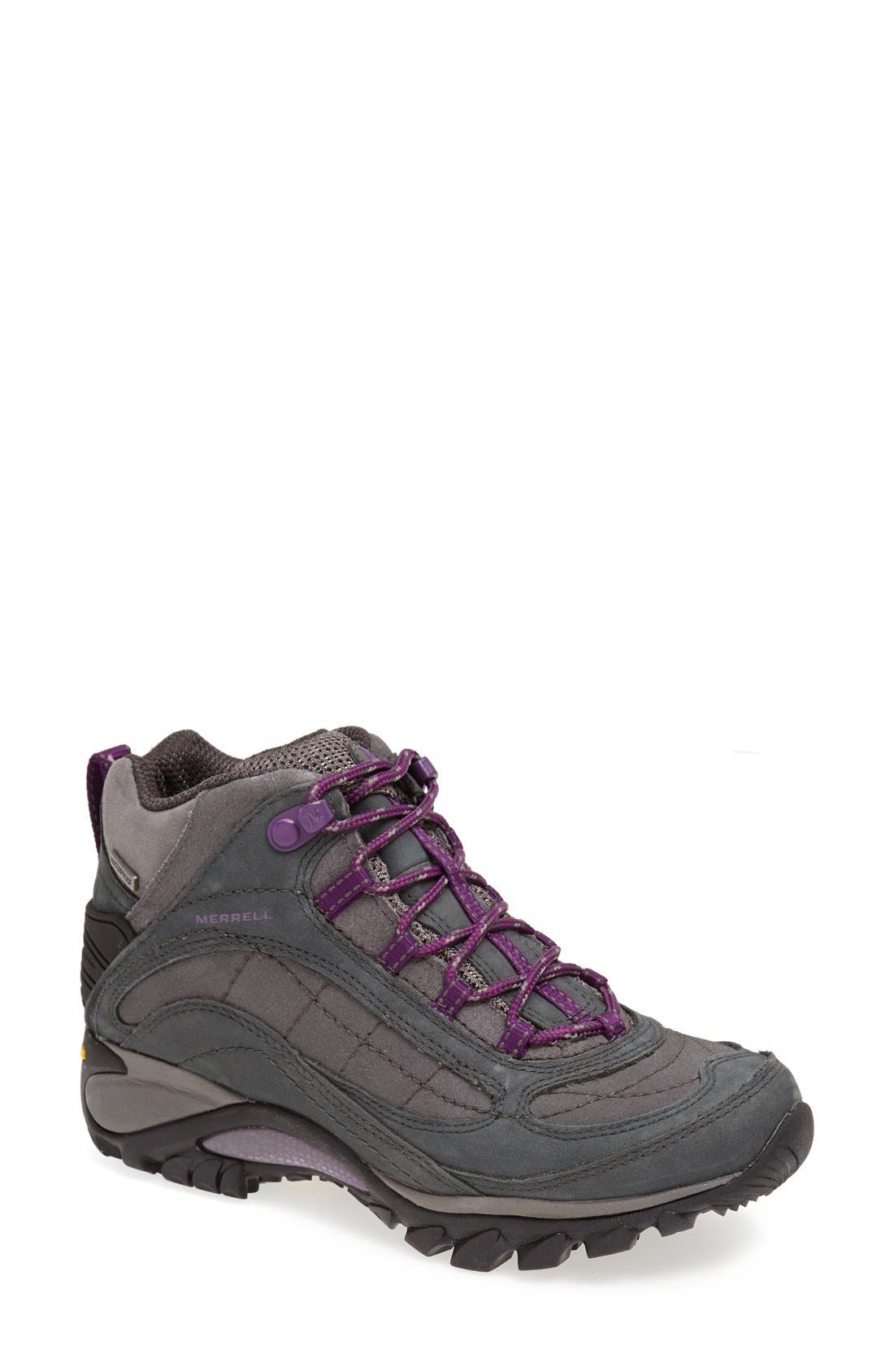 'Siren' Waterproof Leather Hiking Boot, Main, color, GRANITE/ PURPLE