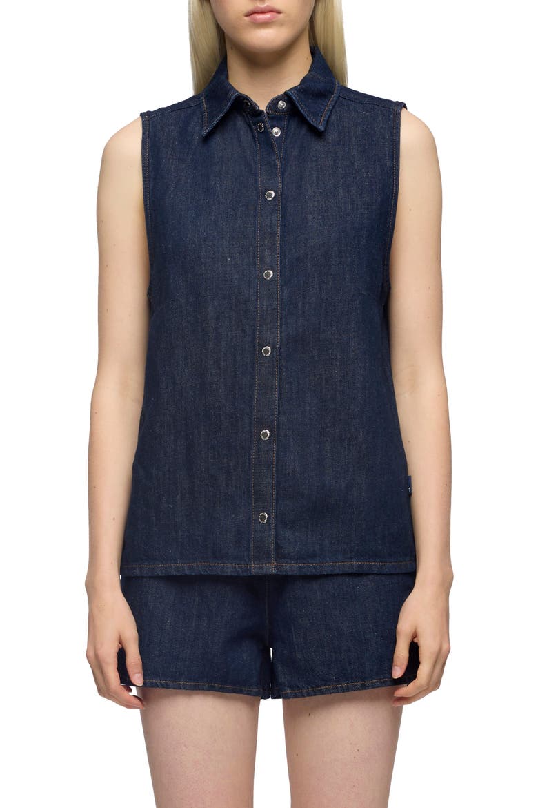 Sleeveless Cotton & Linen Denim Snap-Up Shirt, Main, color, BLOSSOM