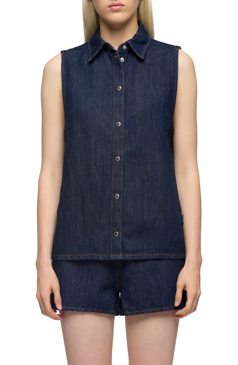 7 For All Mankind Sleeveless Cotton & Linen Denim Snap-Up Shirt, Main, color, Blossom