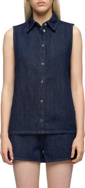 7 For All Mankind Sleeveless Cotton & Linen Denim Snap-Up Shirt