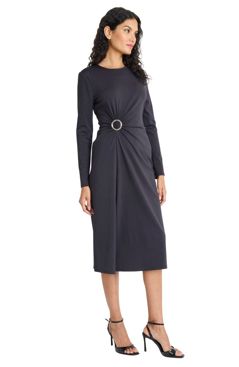 Maggy London Long Sleeve Side Gather Sheath Midi Dress, Alternate, color, Black
