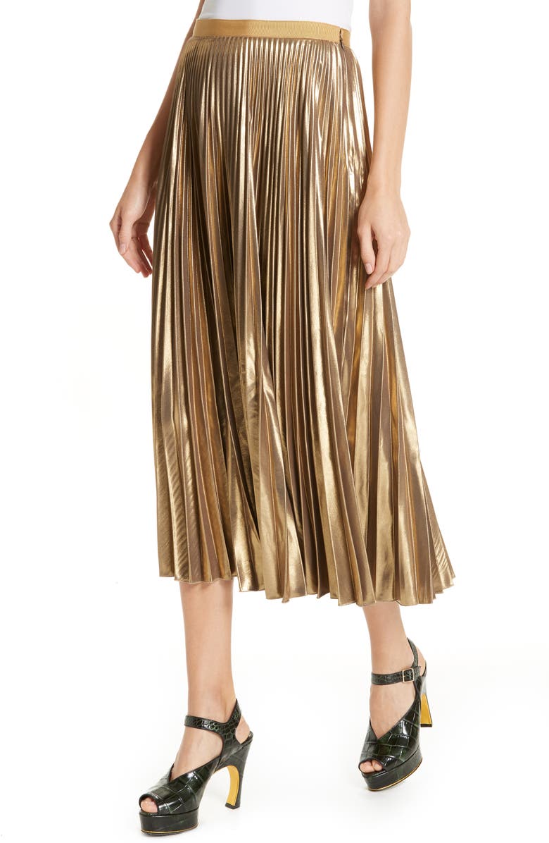 Dries Van Noten Pleated Metallic Skirt, Alternate, color,