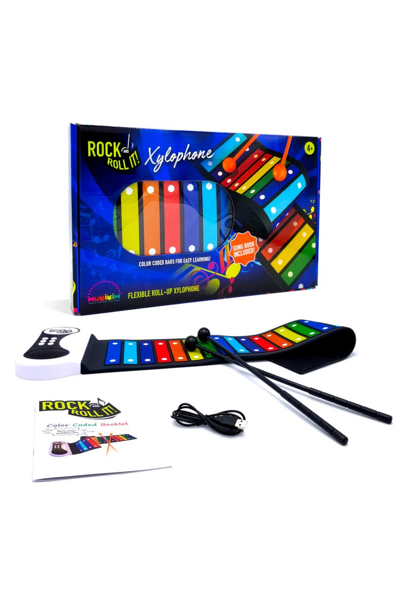 Mukikim Rock and Roll It Rainbow Xylophone. Portable & Flexible Standard Size Electronic Pad with 22 Color Coded Bars & Song Booklet. USB or Battery Powered, Built-In Speaker & Audio Output Support., Main, color, Black