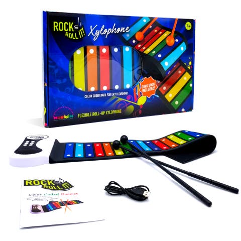 Rock and Roll It Rainbow Xylophone. Portable & Flexible Standard Size Electronic Pad with 22 Color Coded Bars & Song Booklet. USB or Battery Powered, Built-In Speaker & Audio Output Support.