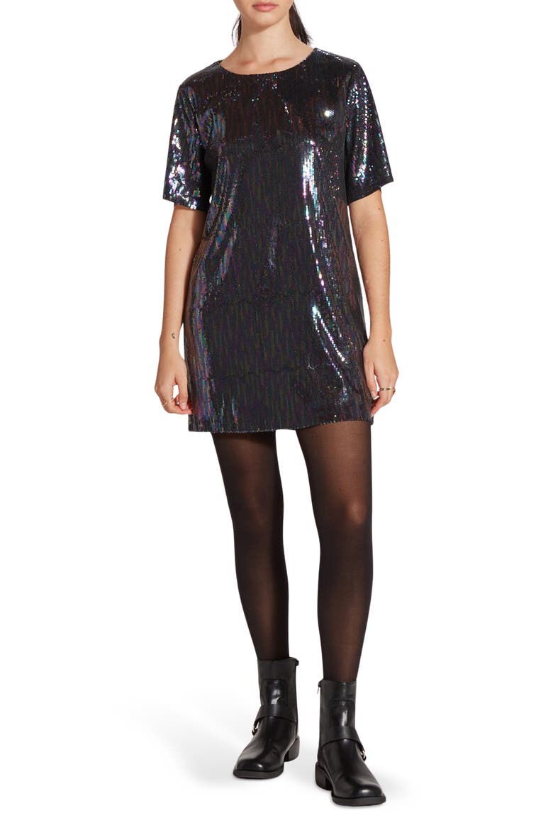 Short Sleeve Sequin T-Shirt Dress, Main, color, BLACK