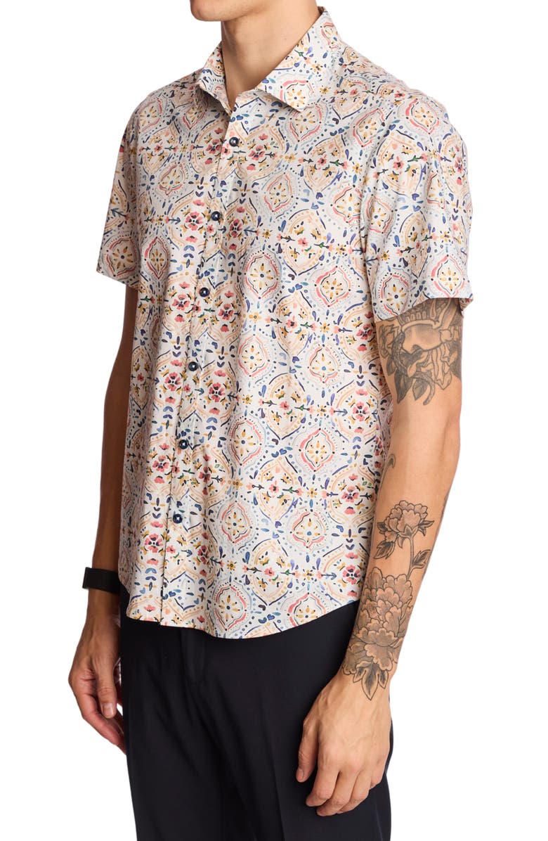 PAISLEY & GRAY Sawyer Short Sleeve Stretch Cotton Button-Up Shirt, Alternate, color, White Peach Blue Mosaic