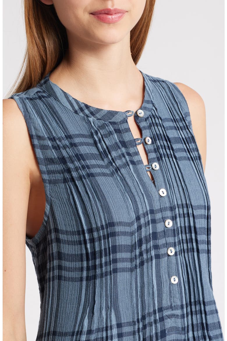 Isha Plaid Pintuck Organic Cotton Minidress, Alternate, color, CLEAR WATER NAVY