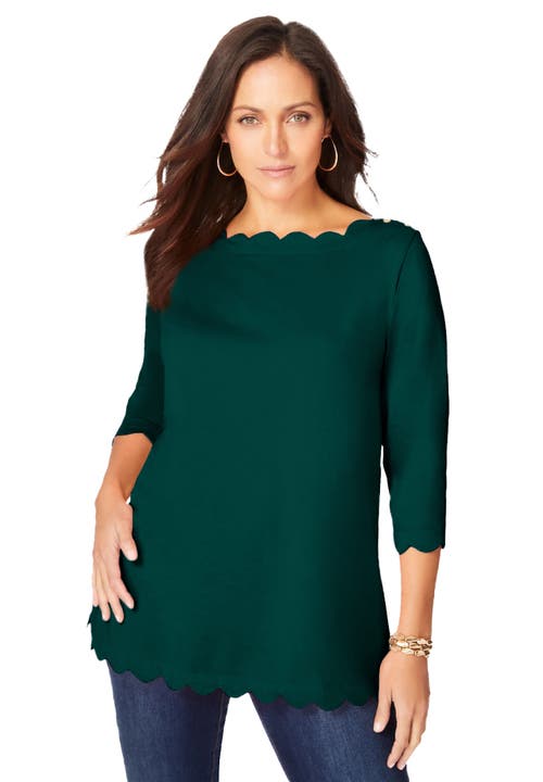 Jessica London Scallop Boatneck Tunic In Green