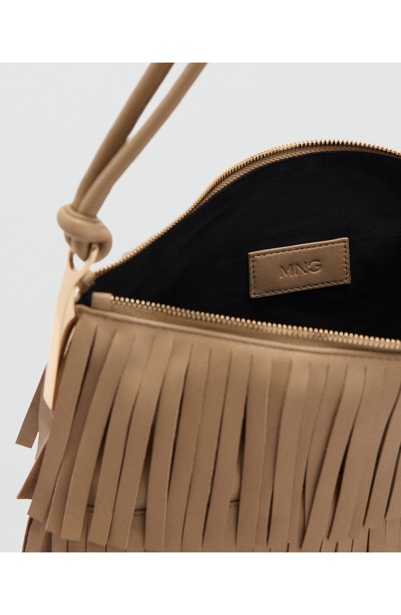 MANGO Large Fringe Leather Shoulder Bag, Alternate, color, Beige