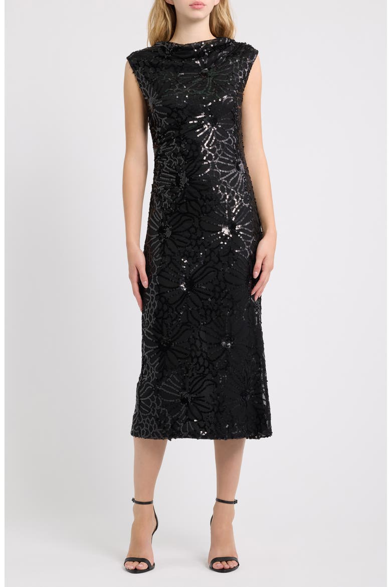 Draped Neck Sequined Midi Dress, Main, color, ANNE BLACK