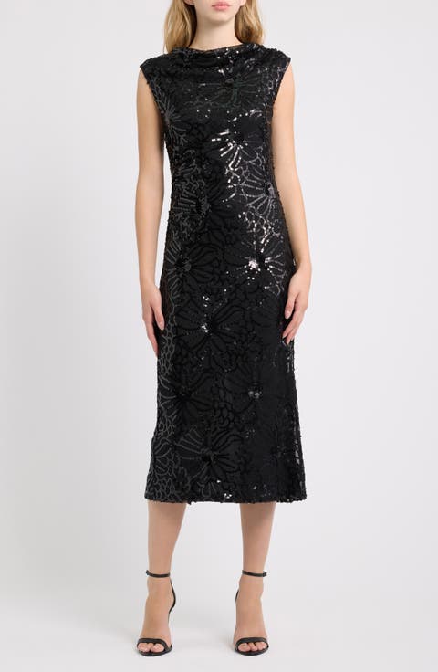 Draped Neck Sequined Midi Dress