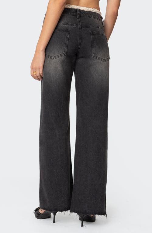 Edikted Karlie Lace Trim Low Rise Wide Leg Jeans In Black-washed