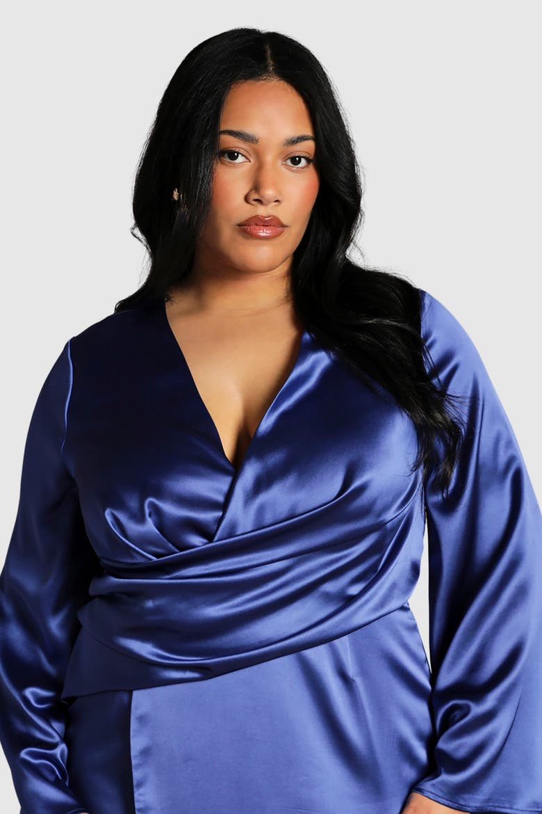 Plus Satin Flared Sleeve Wrap Dress, Alternate, color, Cobalt