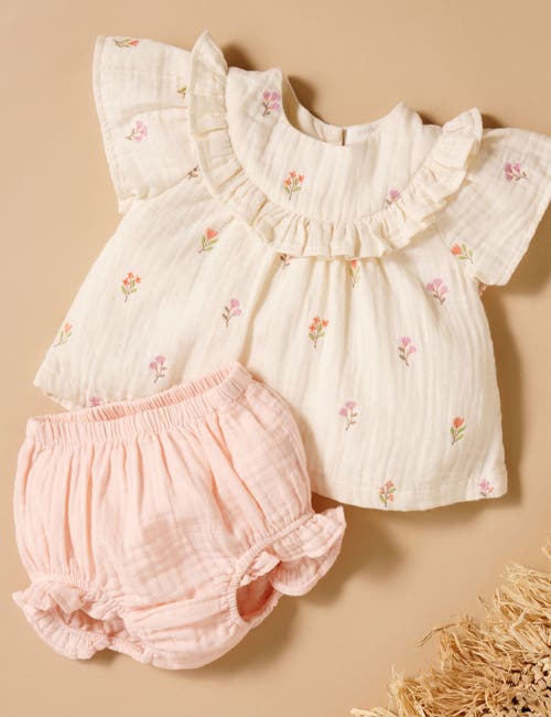 Purebaby Embroidered Ruffle Top & Bloomer Set In Neutral