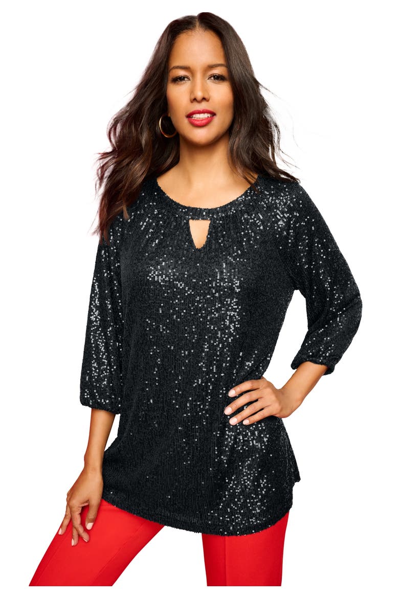 Flared Sleeve Keyhole Lace Tunic, Main, color, BLACK