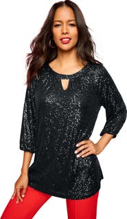 Roaman's Flared Sleeve Keyhole Lace Tunic
