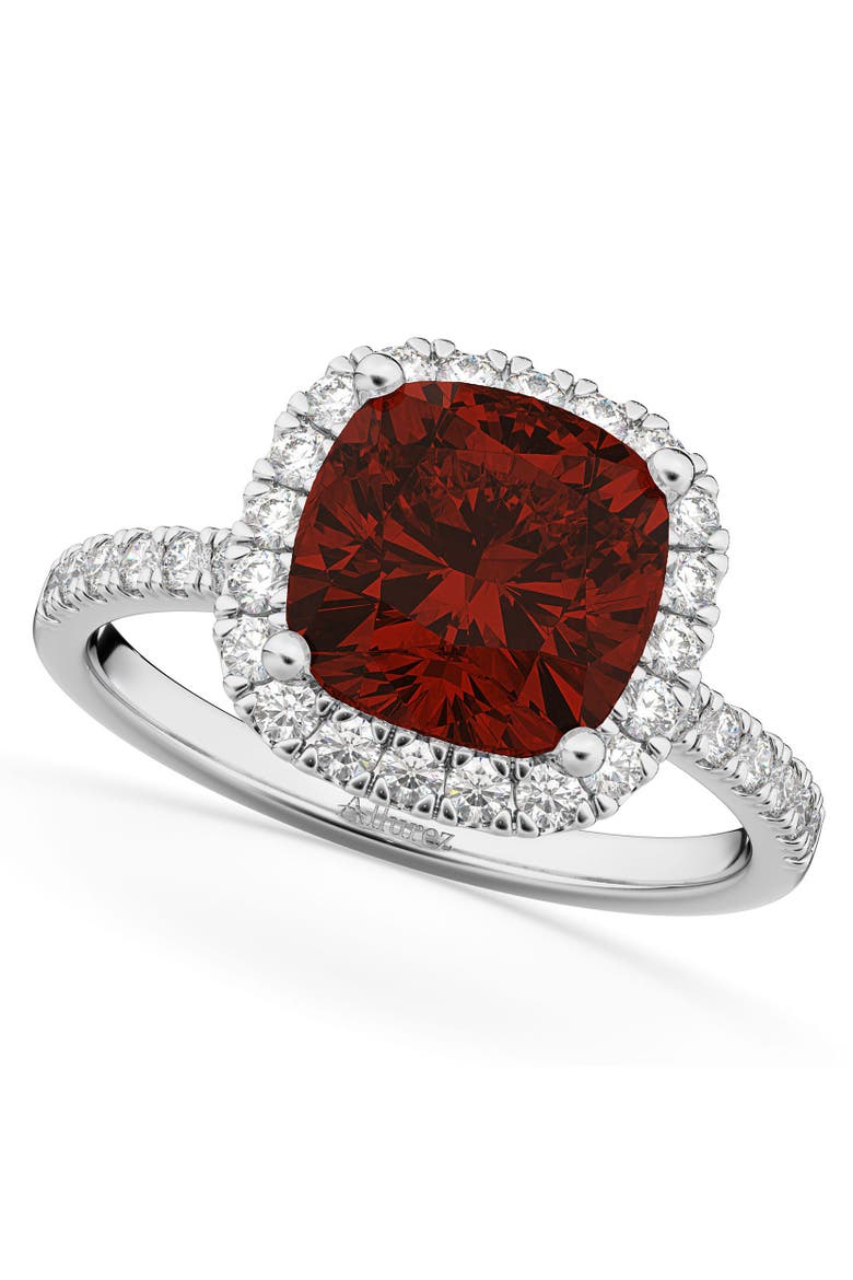 Cushion Cut Halo Garnet & Diamond Engagement Ring 14k White Gold, Main, color, 3.11ct/White Gold