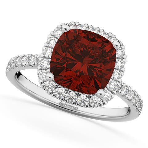 Cushion Cut Halo Garnet & Diamond Engagement Ring 14k White Gold