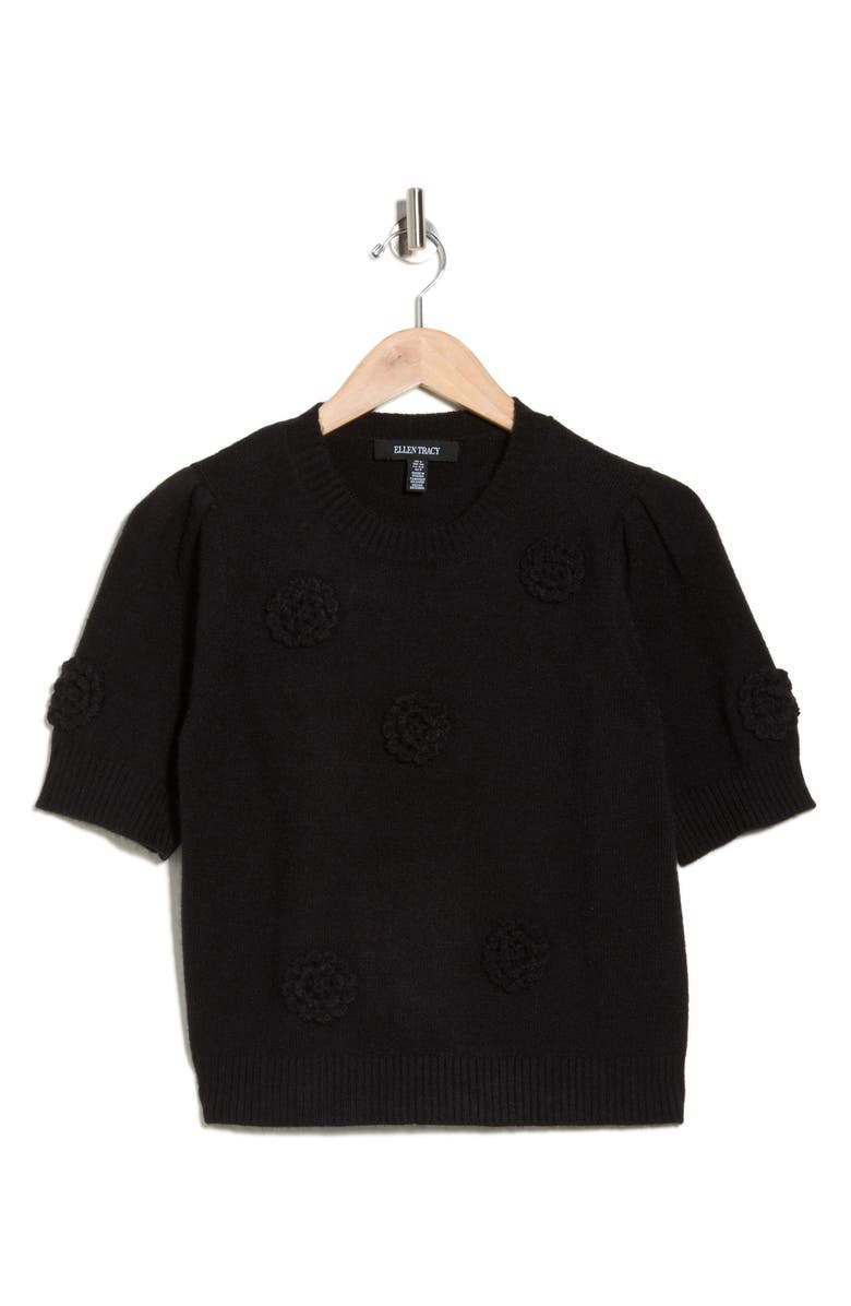 Ellen Tracy Rosette Short Sleeve Sweater, Alternate, color, Black
