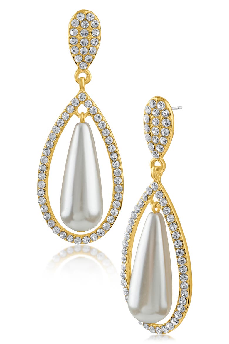 Pavé Crystal Imitation Pearl Teardrop Earrings (Nordstrom Exclusive), Main, color, WHITE/ CLEAR/ GOLD