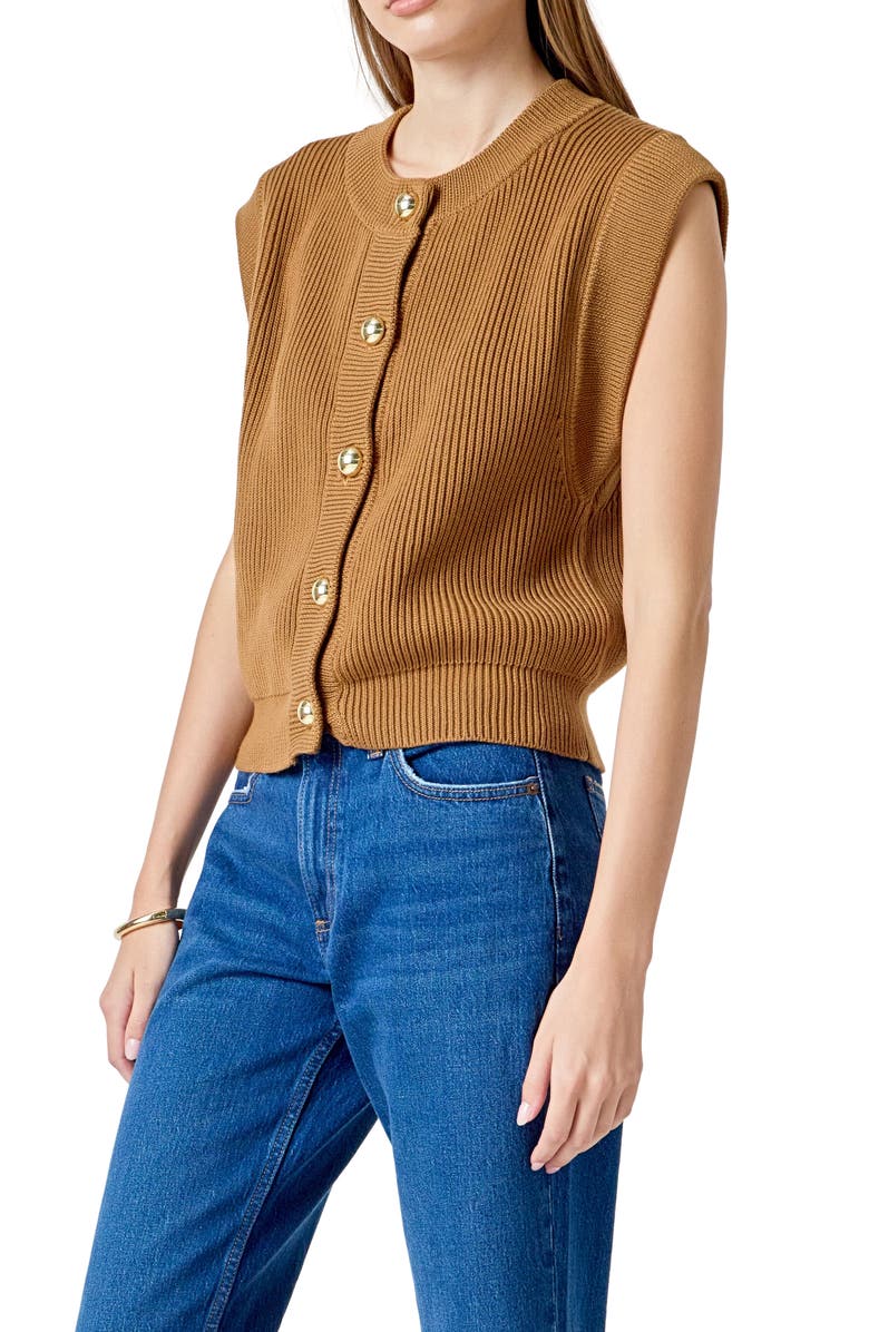 Endless Rose Rib Button Front Sweater Vest, Alternate, color, Camel