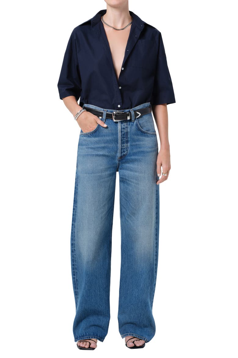 Frances Cape Cotton Cropped Button-Up Shirt, Alternate, color, NAVY