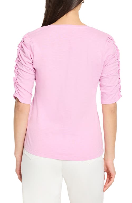 Nzt By Nic+zoe Ruched Elbow Sleeve Split V-neck T-shirt In Pink Hue
