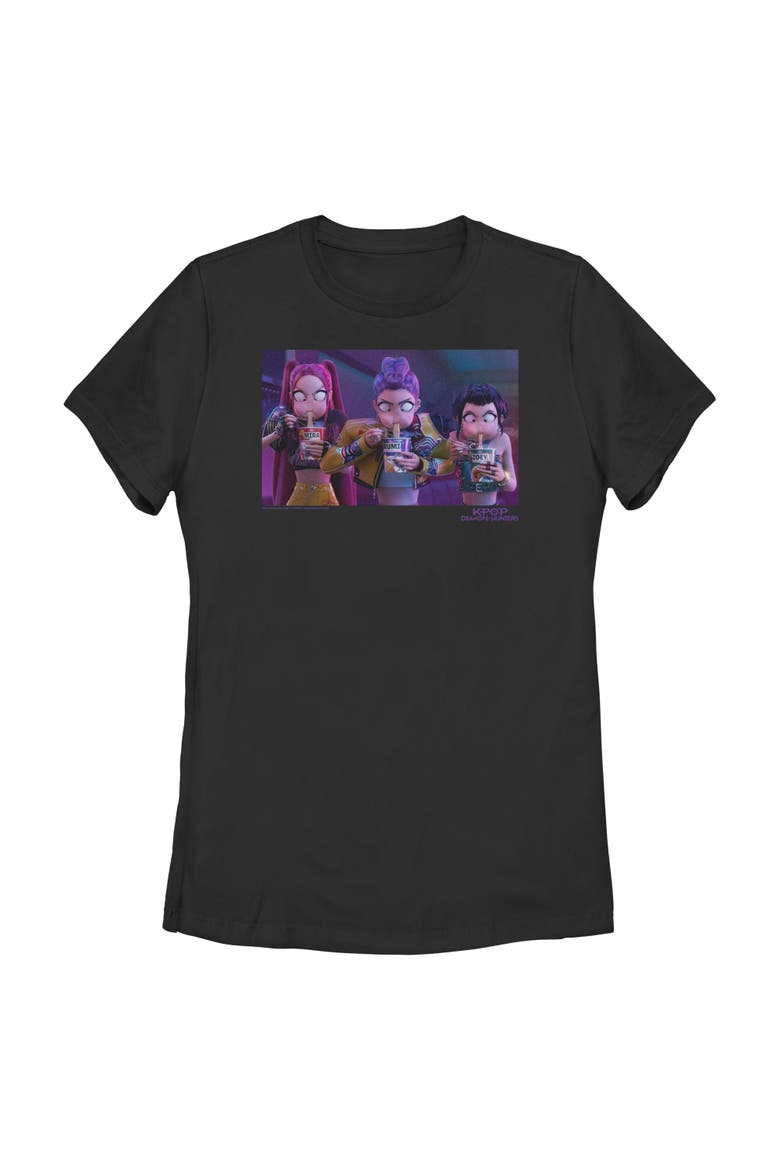 Women's KPop Demon Hunters Rumi, Mira and Zoey Ramyeon  Graphic T-Shirt, Main, color, Black