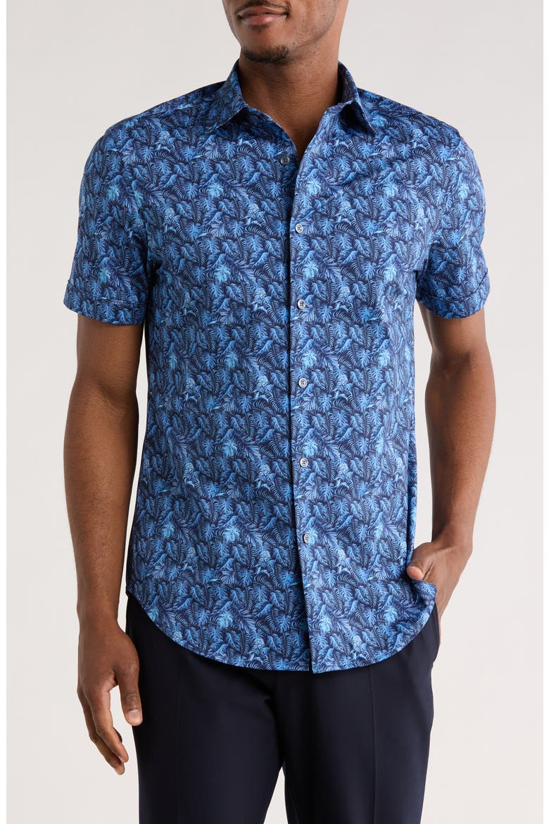 Print Short Sleeve Button-Up Shirt, Main, color, COBALT