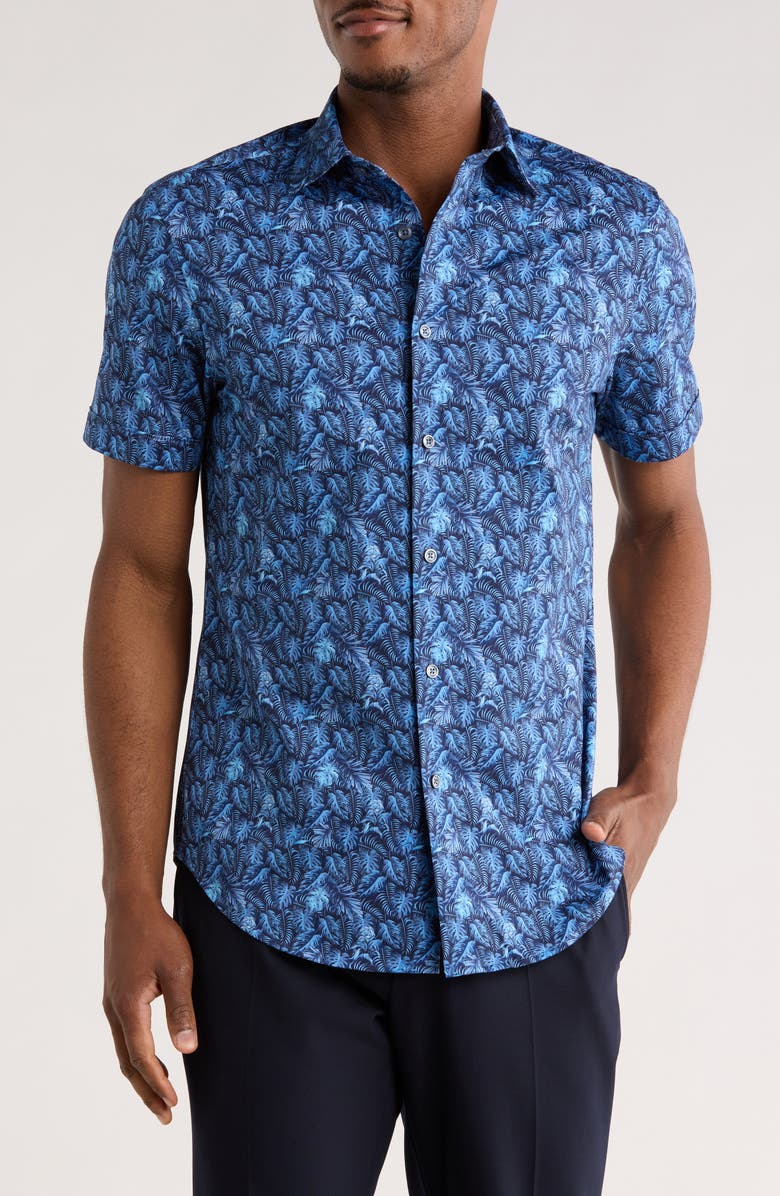 Bugatchi Print Short Sleeve Button-Up Shirt, Main, color, Cobalt