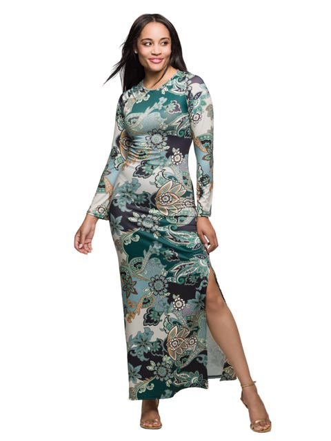 Paisley Print Long Sleeve Side Slit Maxi Dress