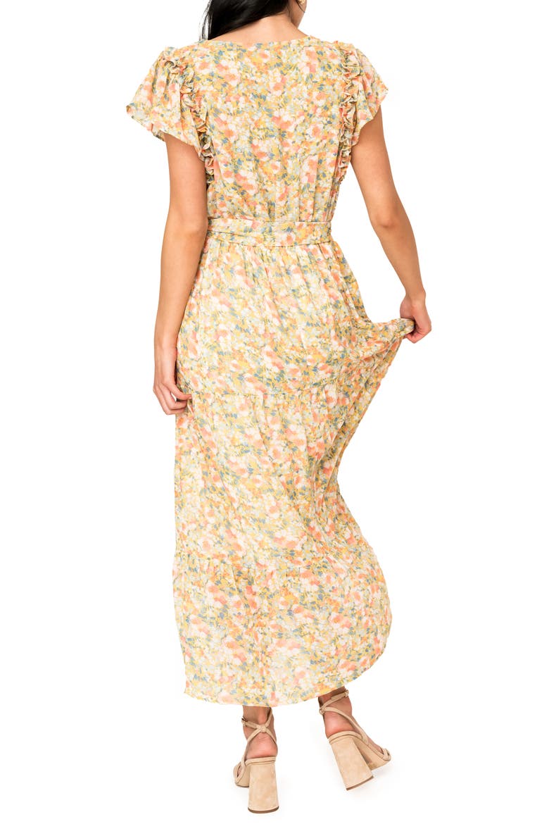 Floral Flutter Sleeve Midi Dress, Alternate, color, YELLOW MULTI FLORAL