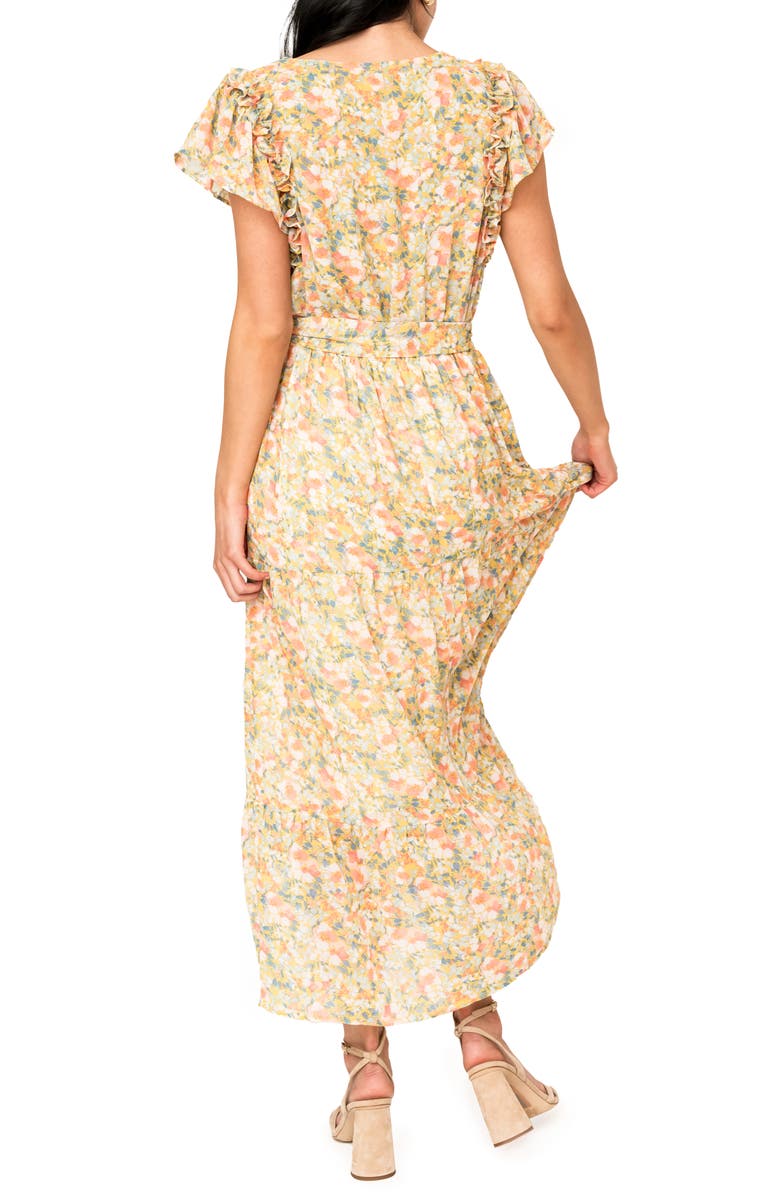 GIBSONLOOK Floral Flutter Sleeve Midi Dress, Alternate, color, Yellow Multi Floral
