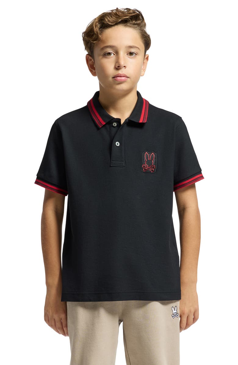 Psycho Bunny Kids' Pierce Tipped Cotton Piqué Polo, Alternate, color, Black