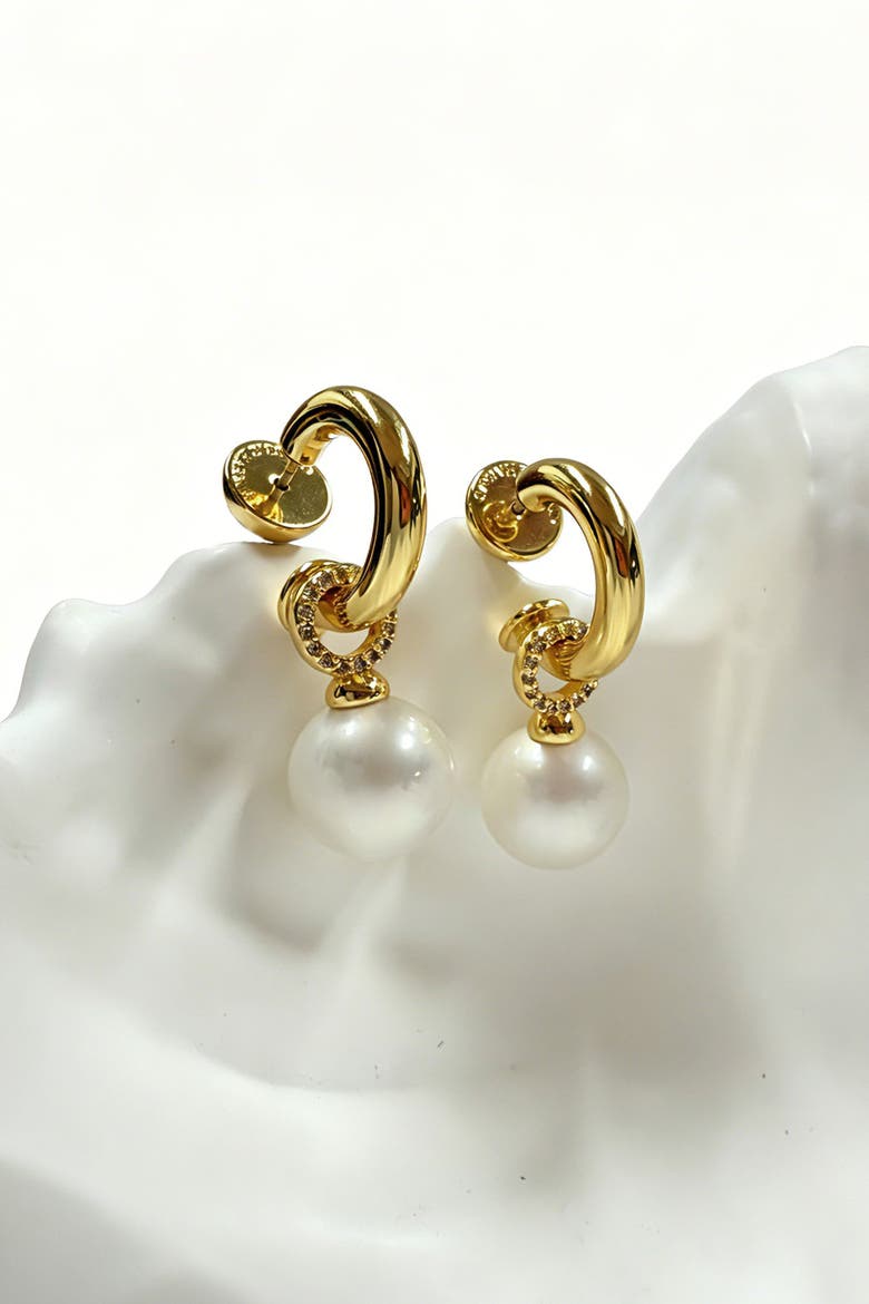 Sia Shell Pearl Drop Hoop Earrings, Alternate, color, Gold