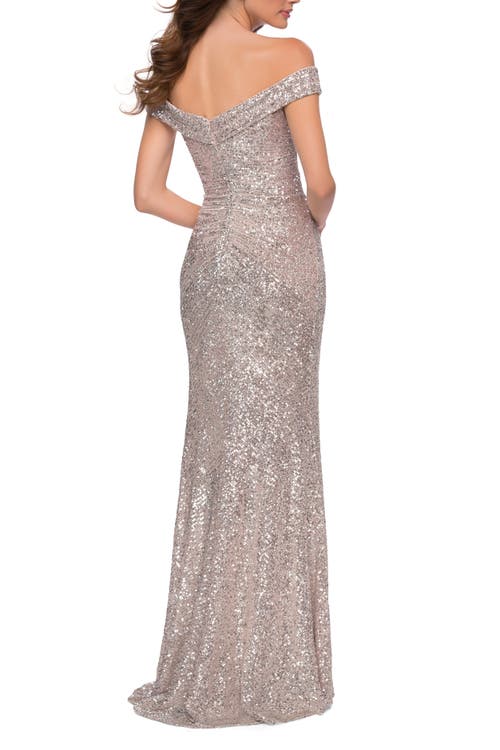 La Femme Off The Shoulder Ruched Sequin Dress With Slit In Silver