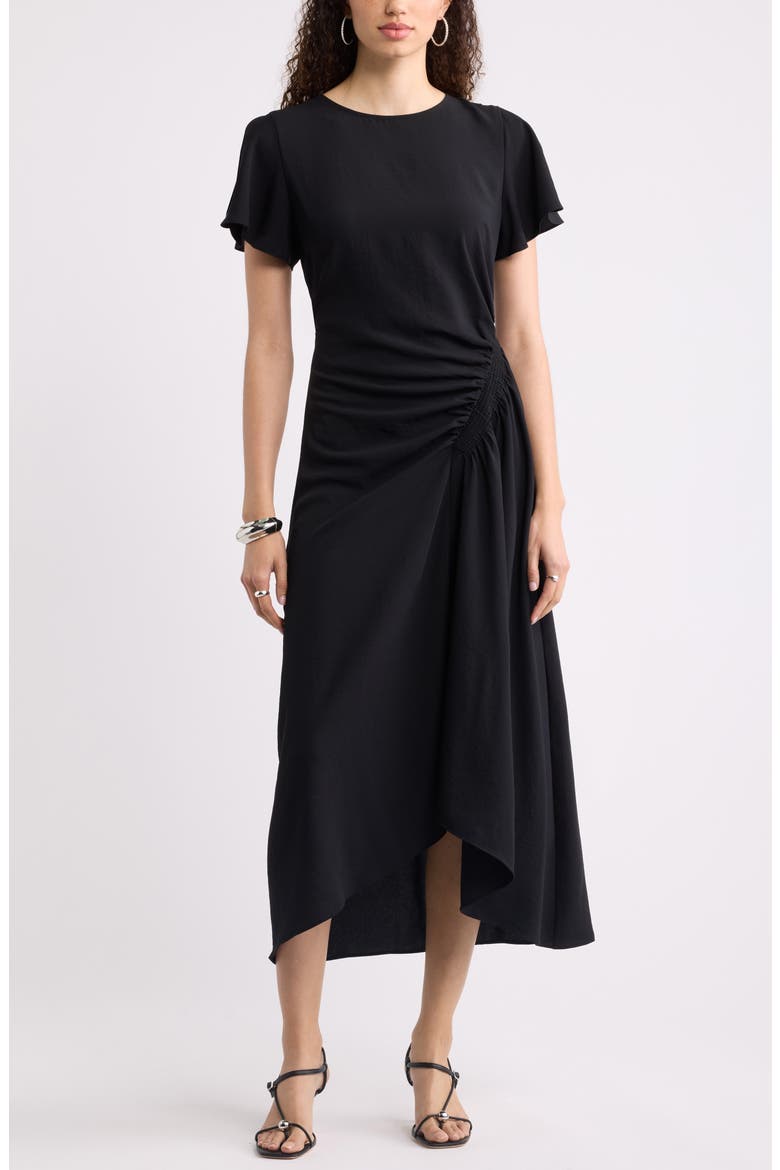Split Sleeve Side Smocked Midi Dress, Main, color, BLACK