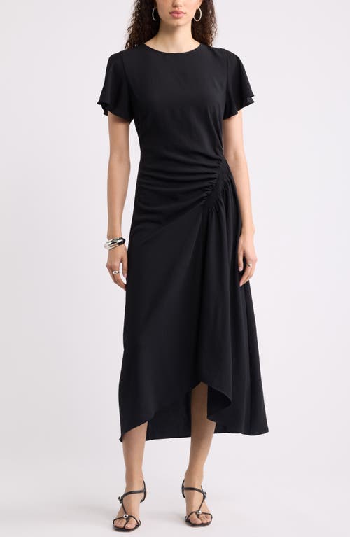 Nordstrom Split Sleeve Side Smocked Midi Dress In Black