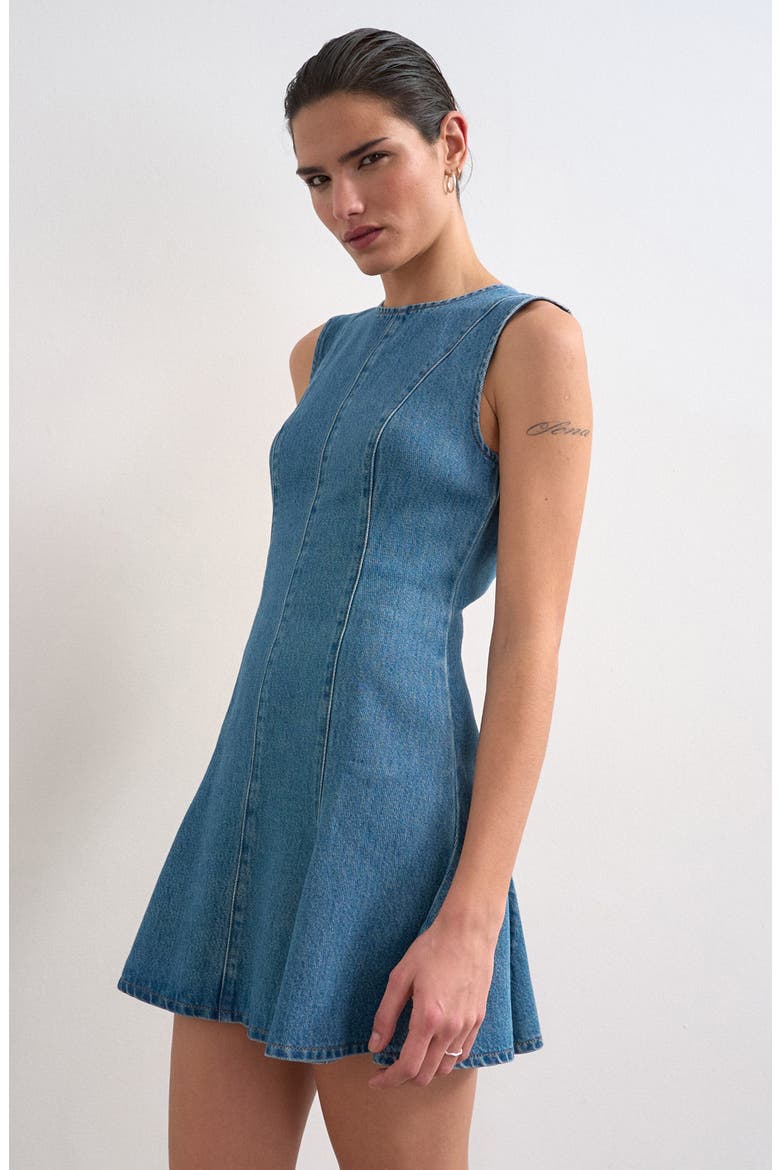 Denim Fit & Flare Dress, Alternate, color, MBLUE