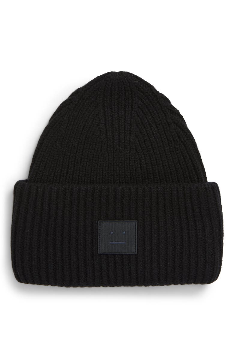 Acne Studios Pansy Face Patch Rib Wool Beanie, Main, color,