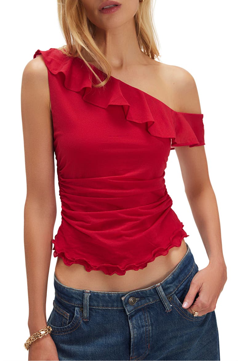 Isla Ruffle One-Shoulder Crop Top, Main, color, WILD BERRY