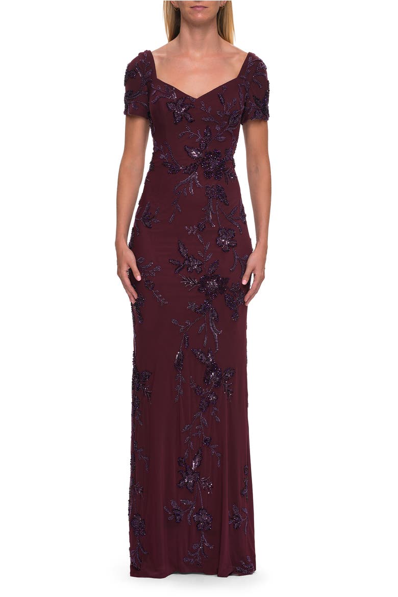 Beaded Floral Gown with Sweetheart Neckline, Main, color, Dark Berry
