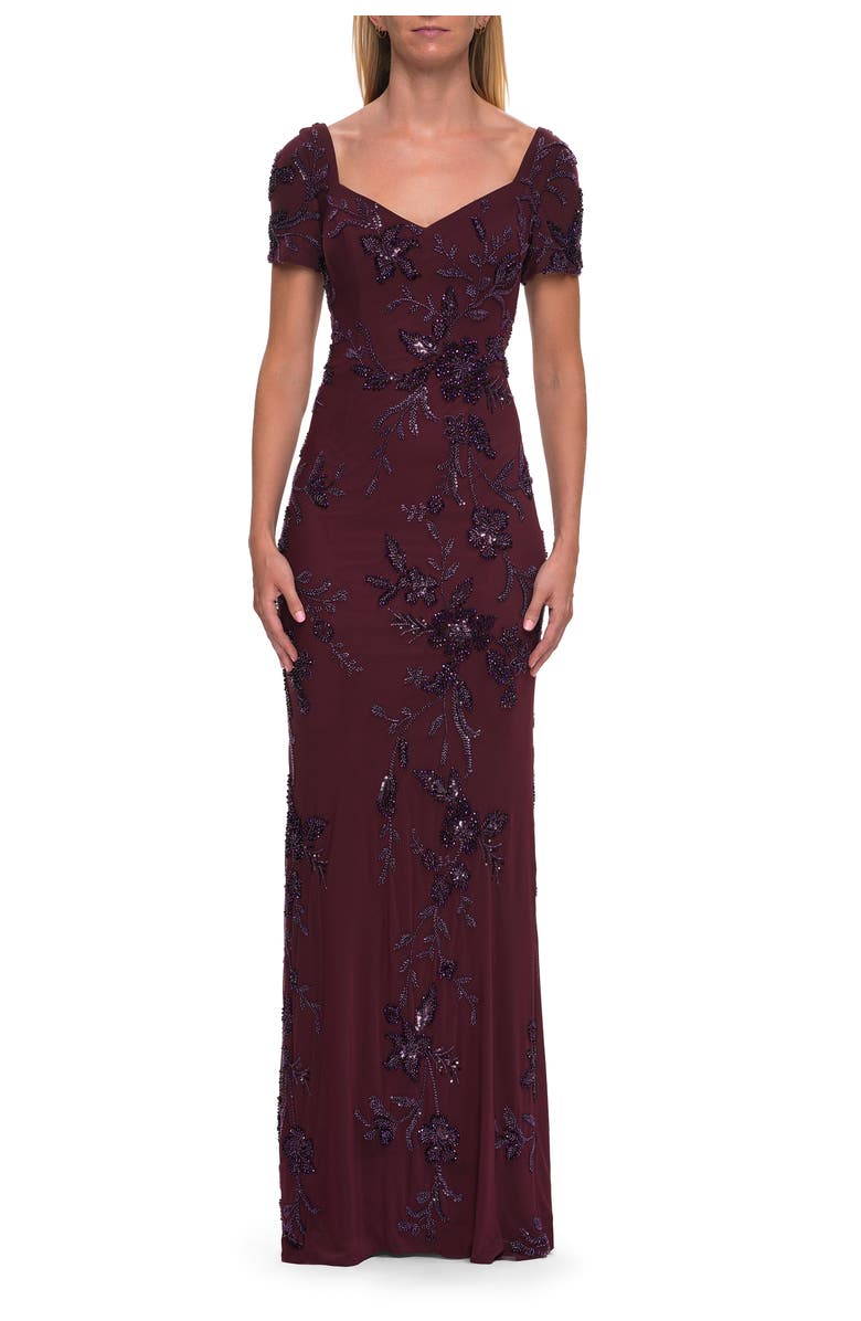 La Femme Beaded Floral Gown with Sweetheart Neckline, Main, color, Dark Berry