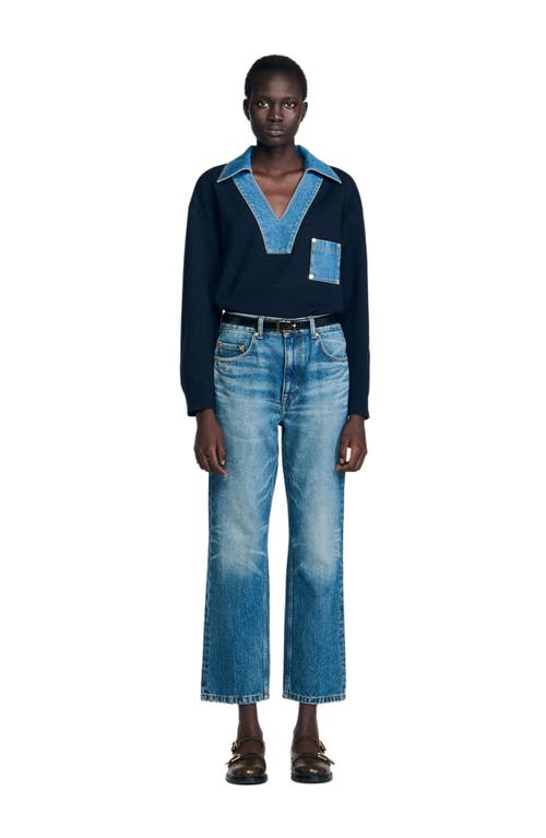 Sandro Womens Navy Blue Denim-detail Relaxed-fit Knitted Jumper In Blue