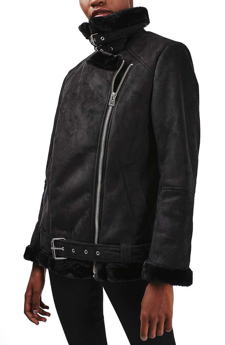 Topshop April Faux Shearling Biker Jacket, Main, color, 