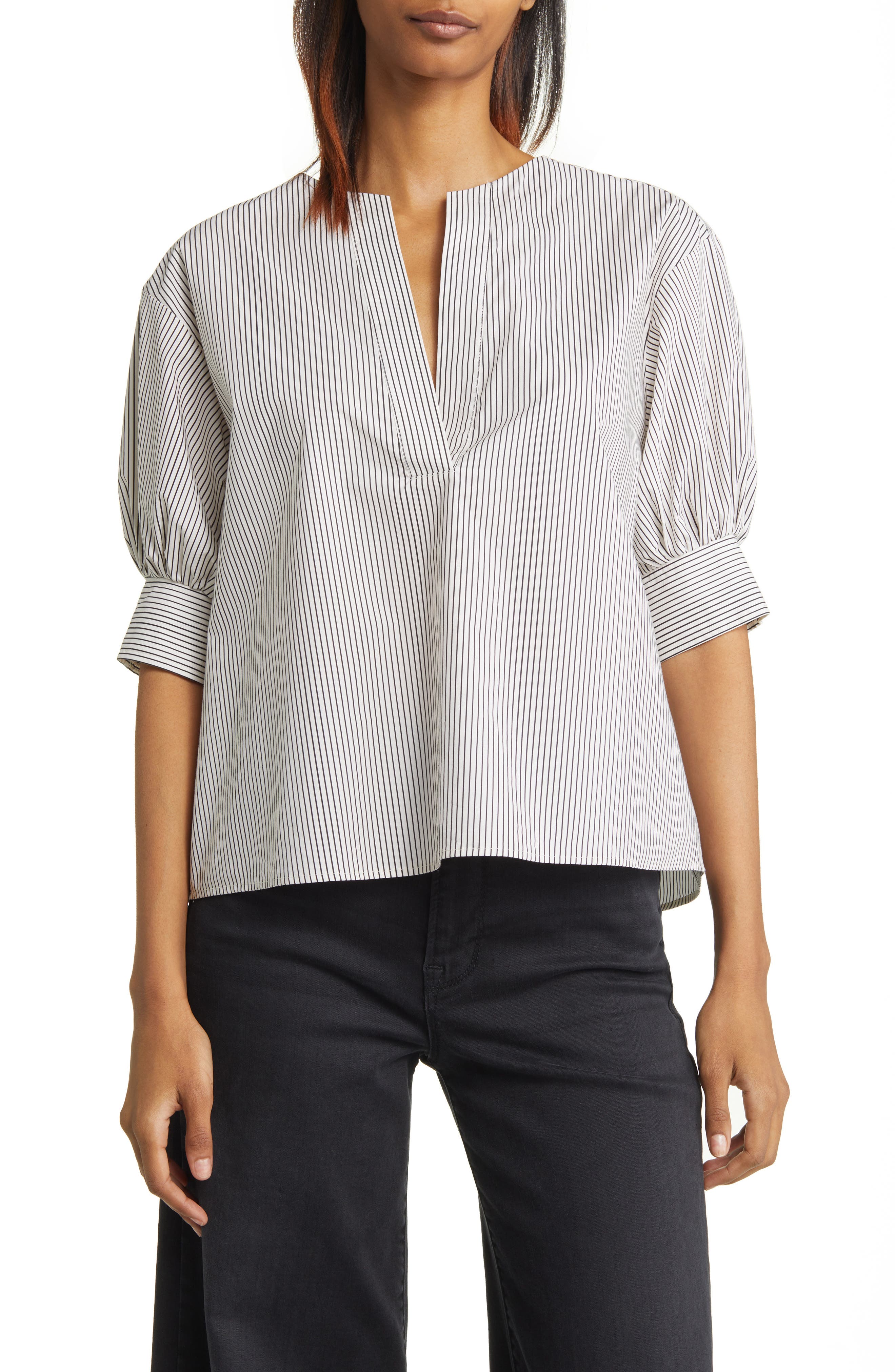 Stripe Split Neck Organic Cotton Popover Top