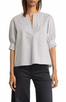 Stripe Split Neck Organic Cotton Popover Top