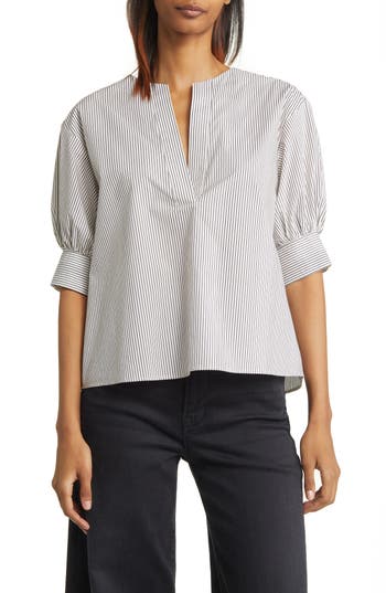 Frame Stripe Split Neck Organic Cotton Popover Top In Bone Multi