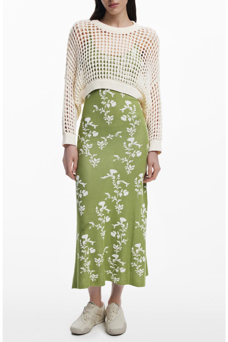 Floral Knit Maxi Dress & Open Stitch Long Sleeve Sweater Set, Main, color, GREEN